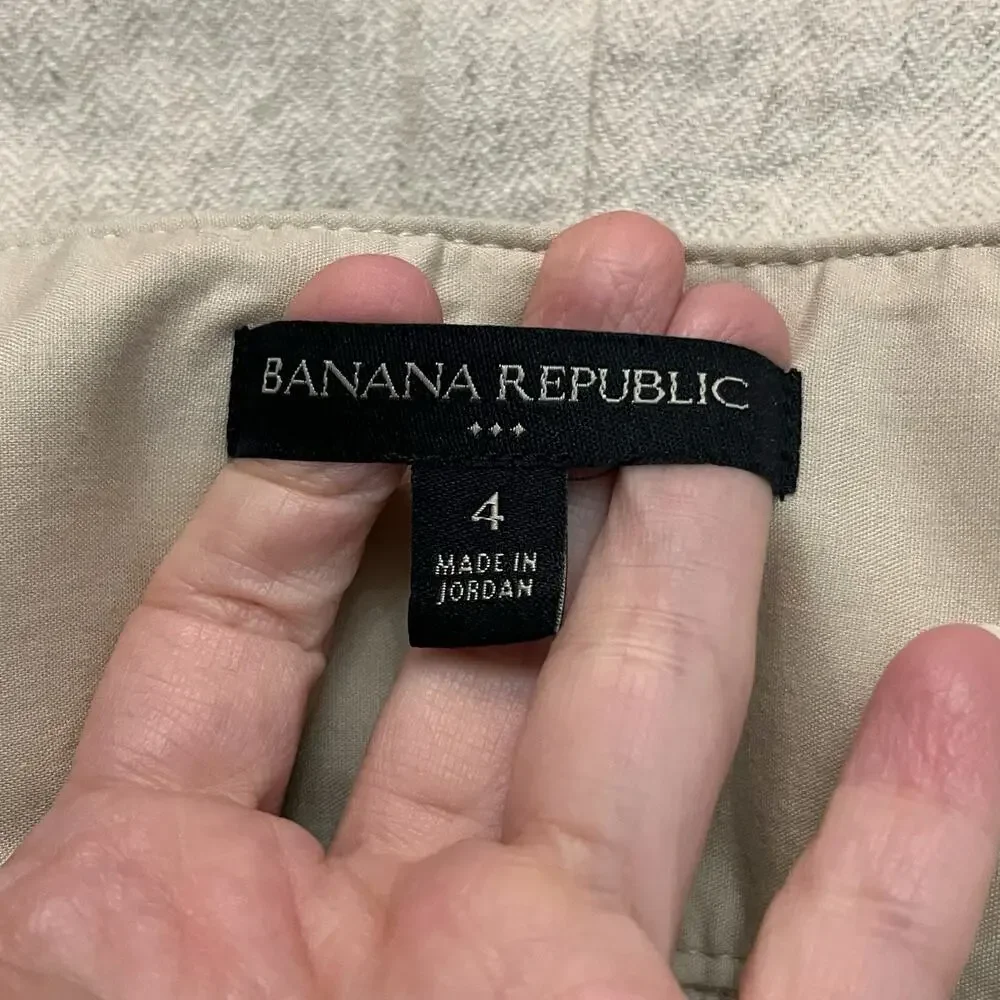 Banana Republic Seafarer Pants 4 Cream Herringbone Linen Blend Belted Pleated